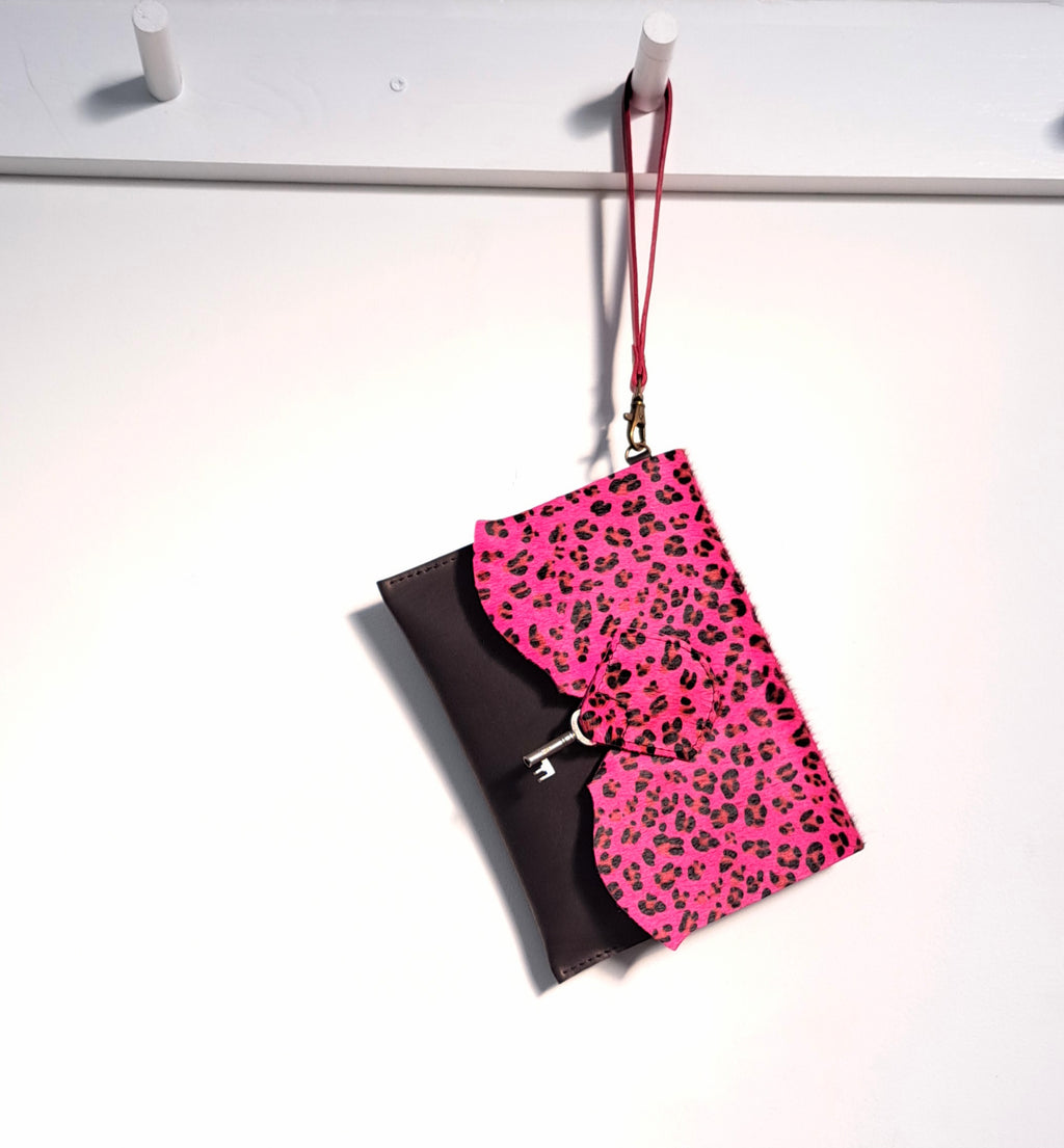 Wild Hide Clutch Purse with Vintage Key Detail - Pink Leopard & Black