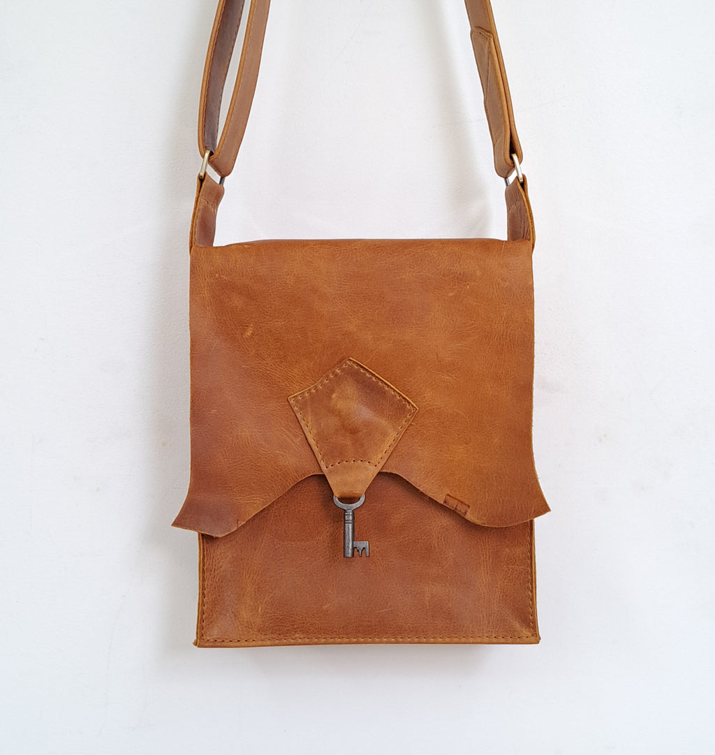 Raw Edge Leather Bag with Vintage Key Detail - Tan