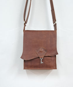 Raw Edge Leather Bag with Vintage Key Detail - Tobacco