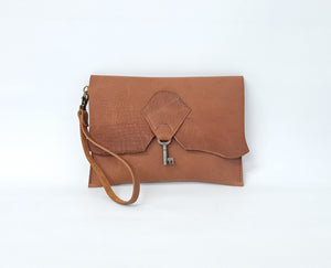 Raw Edge Leather Clutch with Vintage Key Detail - Tan