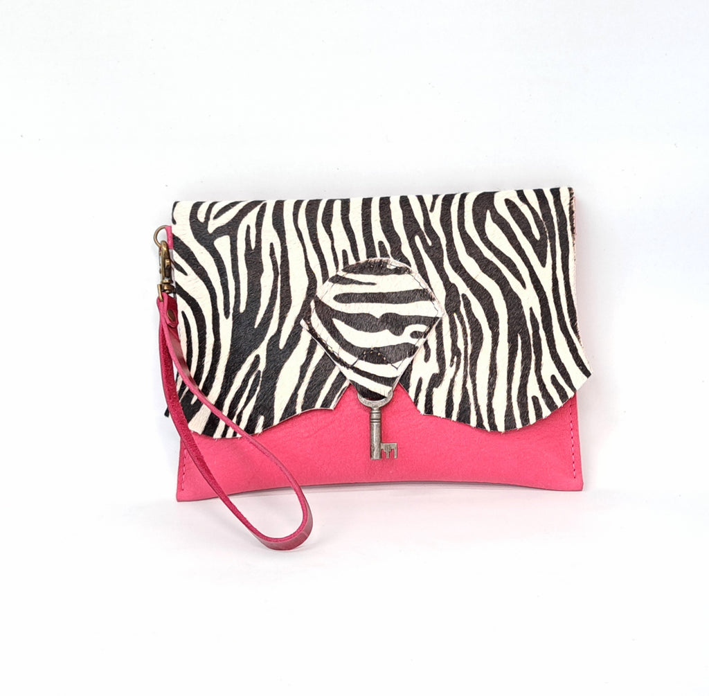 SALE - Wild Hide Clutch Purse with Vintage Key Detail - Zebra & Pink