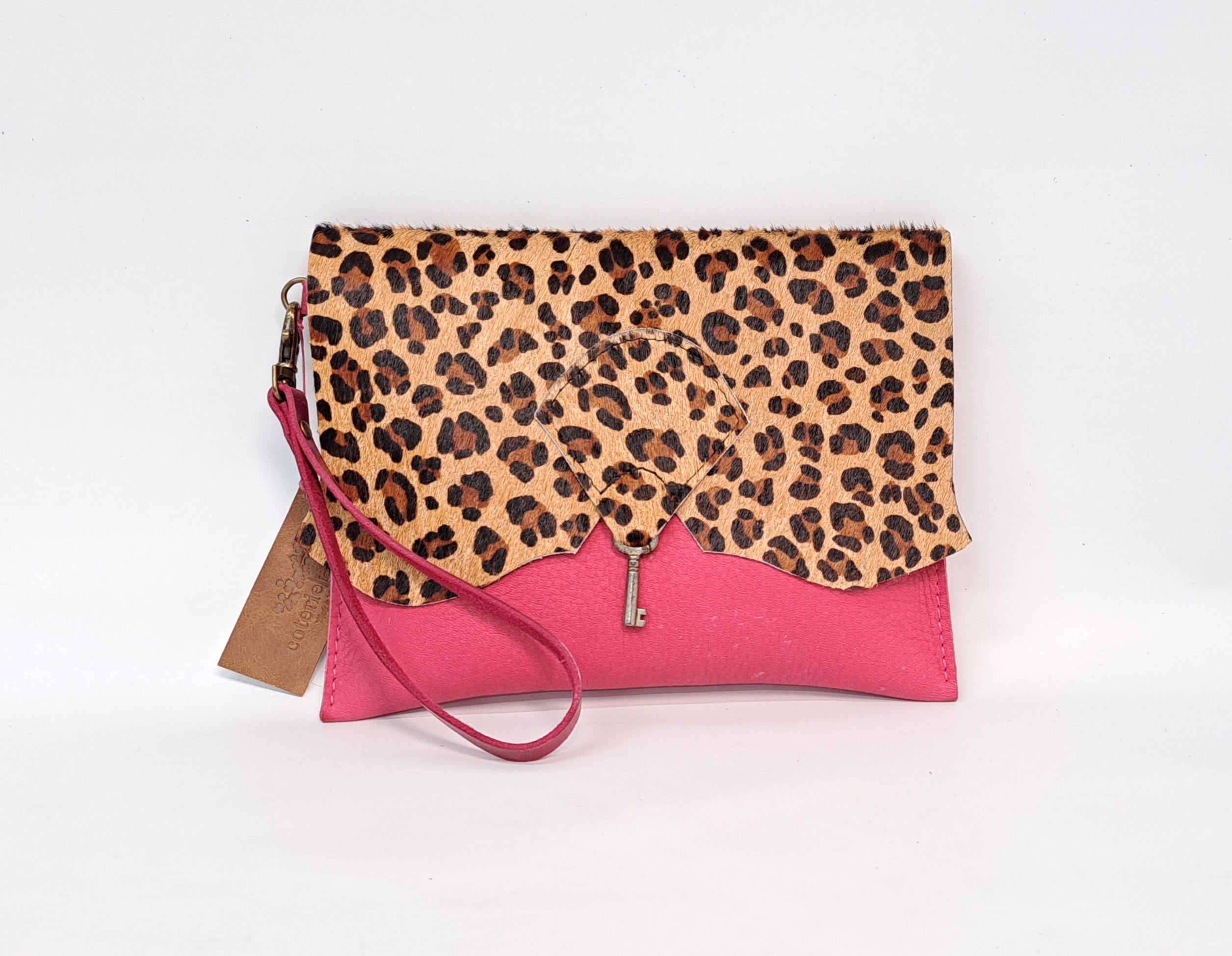 SALE Wild Hide Clutch Purse with Vintage Key Detail - Jaguar & Pink
