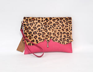 SALE Wild Hide Clutch Purse with Vintage Key Detail - Jaguar & Pink
