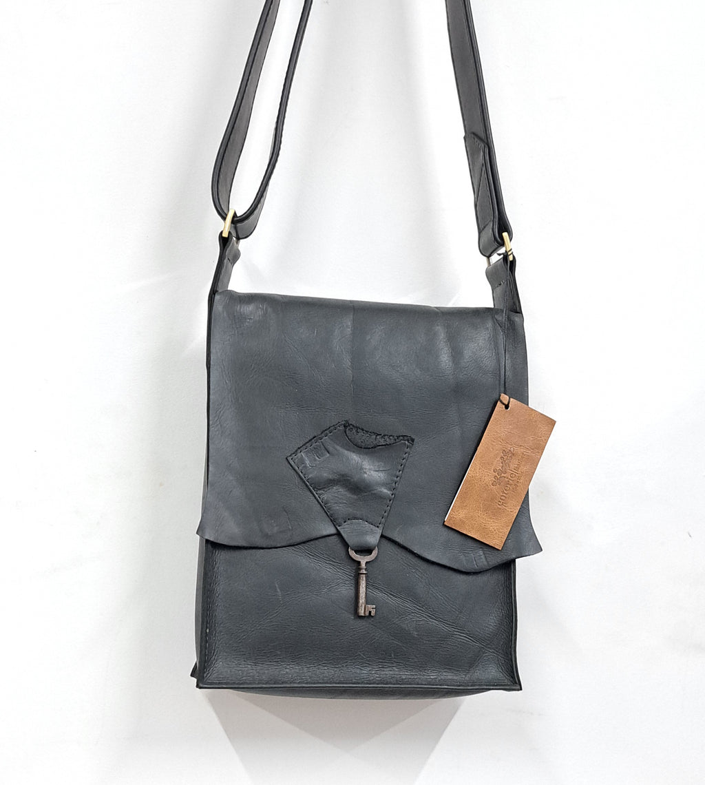 SALE Raw Edge Leather Bag with Vintage Key Detail - Black