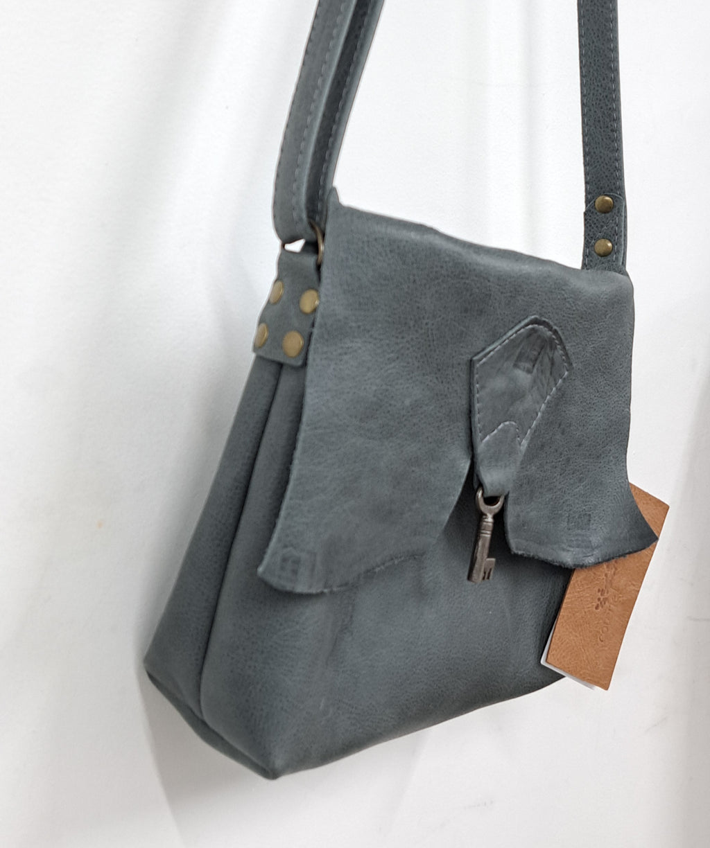 SALE Raw Edge Leather Bag with Vintage Key Detail - Grey