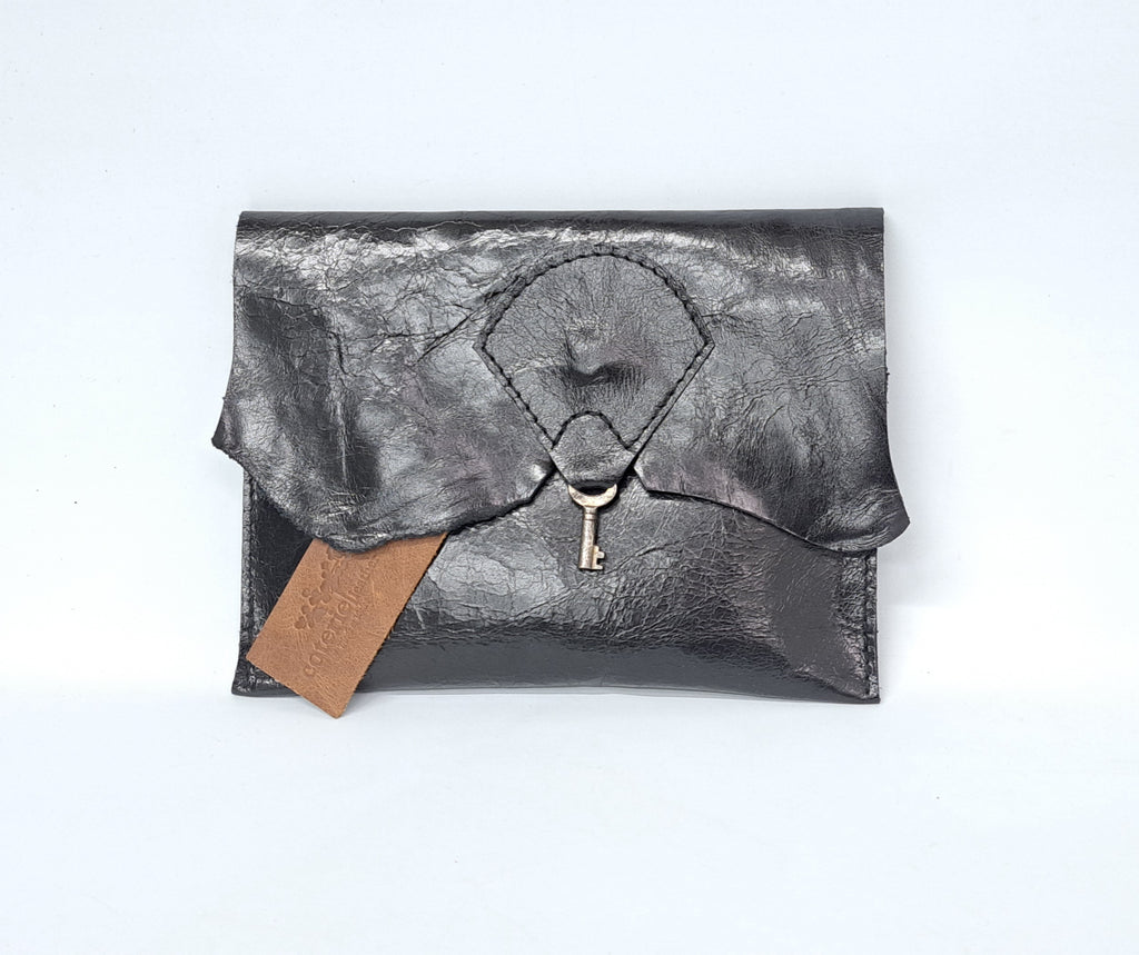 SALE - Raw Edge Leather Clutch with Vintage Key Detail - Black