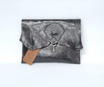 SALE - Raw Edge Leather Clutch with Vintage Key Detail - Black