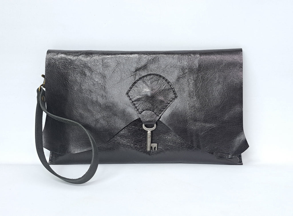 SALE - Raw Edge Leather Clutch with Vintage Key Detail - Black
