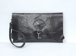 SALE - Raw Edge Leather Clutch with Vintage Key Detail - Black