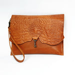 Raw Edge Leather Clutch Purse with Vintage Key Detail - Tan Mock Croc