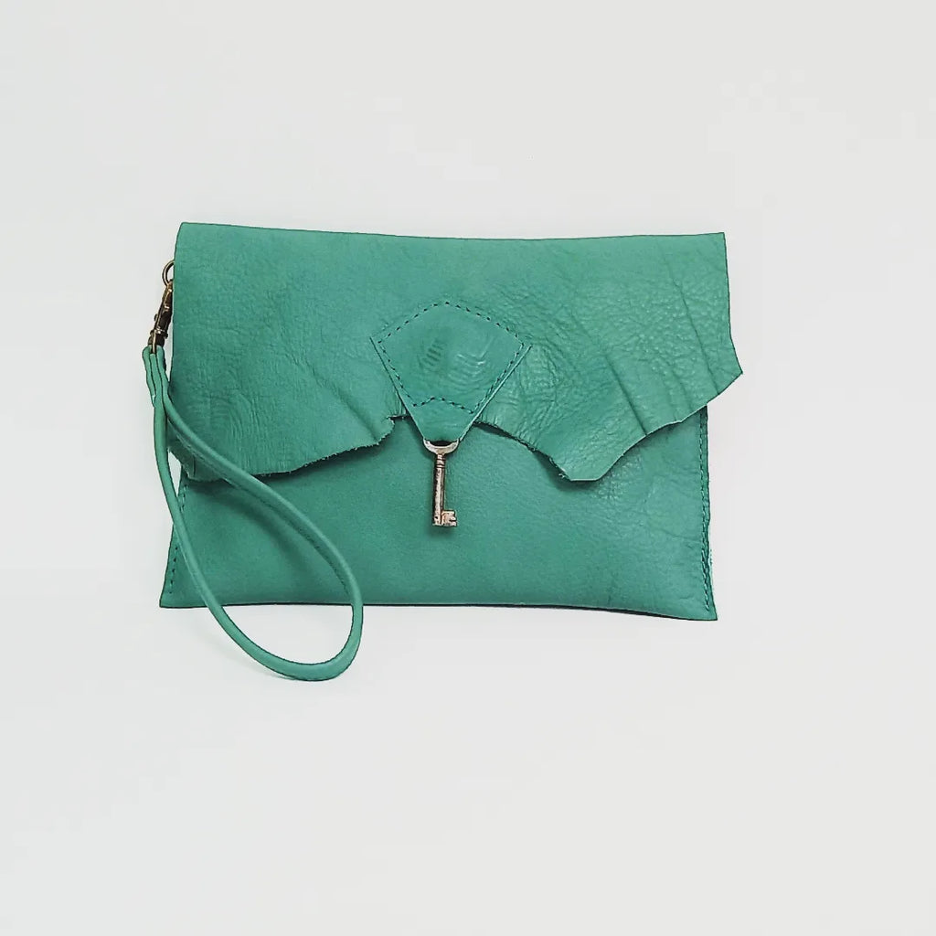 Raw Edge Clutch with Vintage Key - Sea Mist