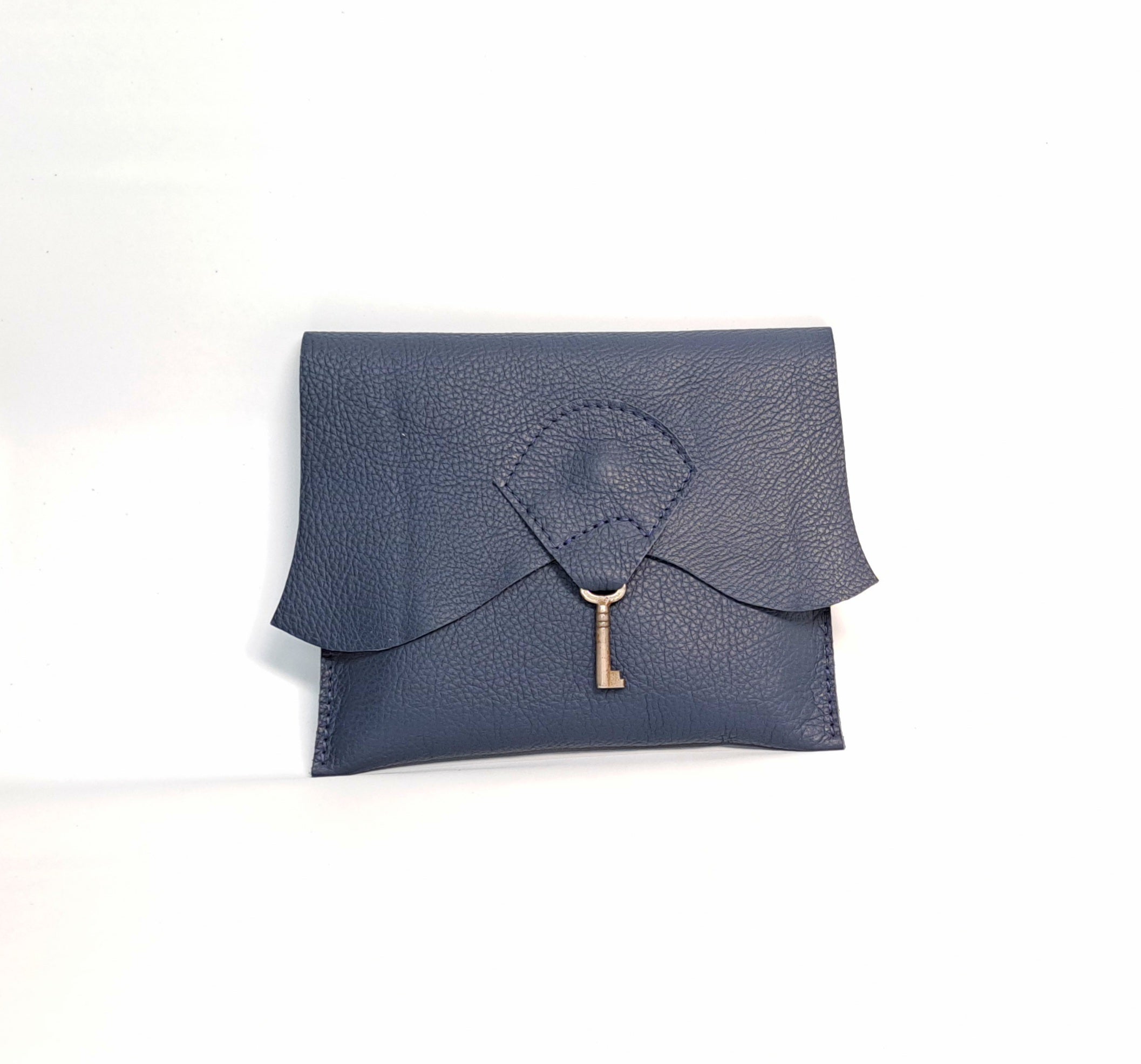 Raw Edge Leather Clutch Purse with Vintage Key Detail - Navy