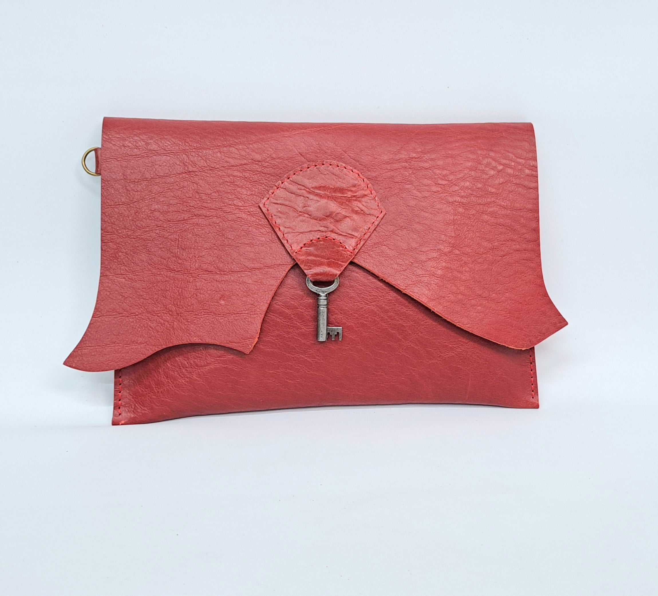 Raw Edge Clutch with Vintage Key Detail - Carmine Red