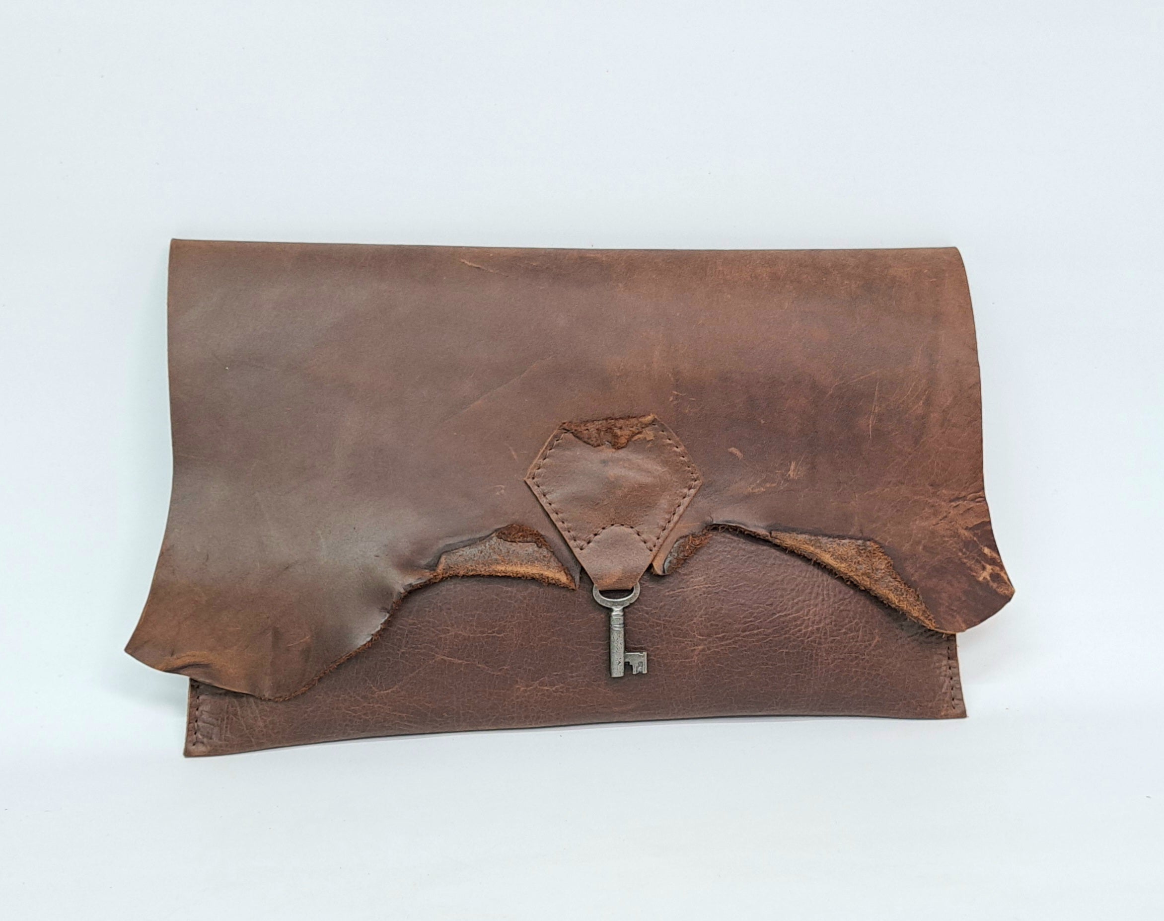 Raw Edge Leather Clutch with Vintage Key Detail - Dark Chocolate