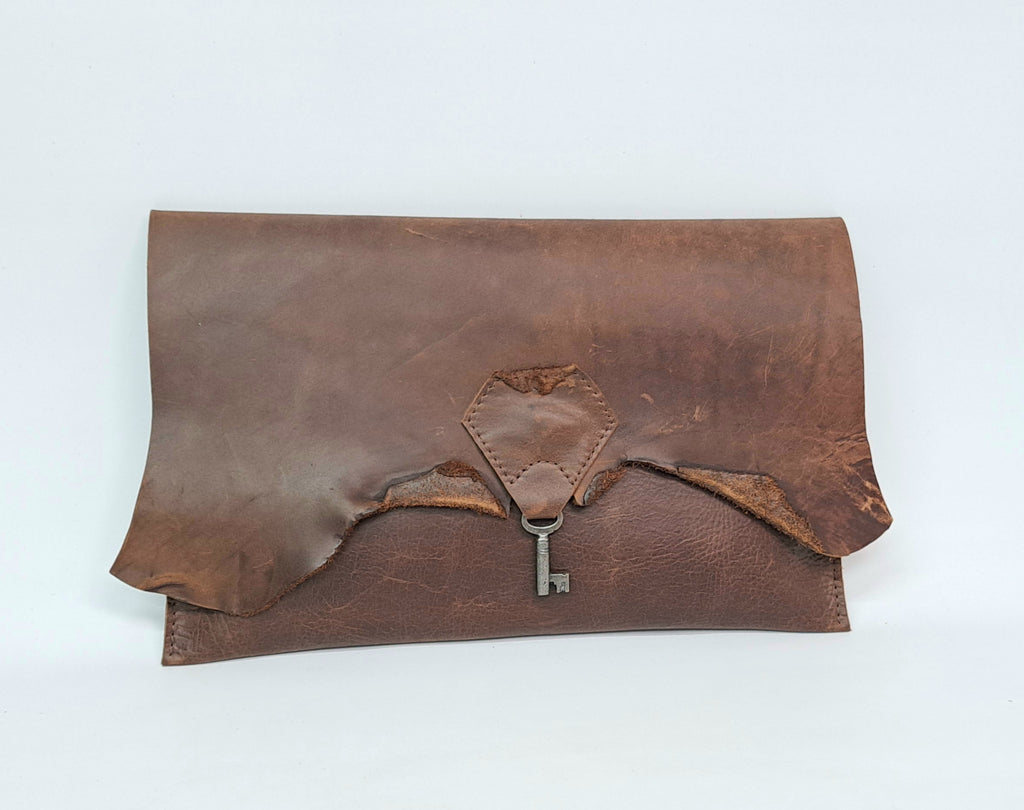 Raw Edge Leather Clutch with Vintage Key Detail - Dark Chocolate