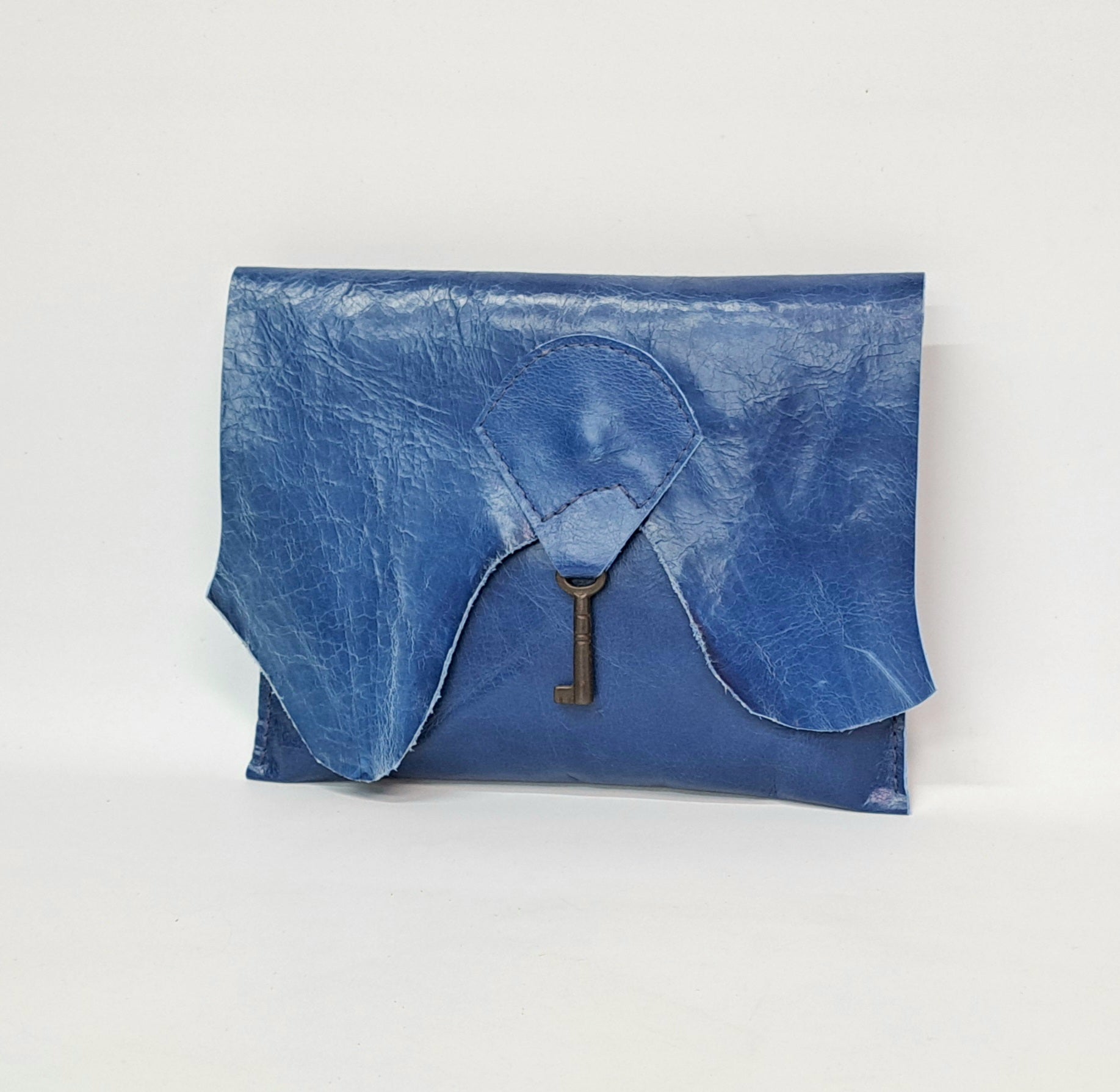 SALE - Raw Edge Leather Clutch with Vintage Key Detail - Royal Blue
