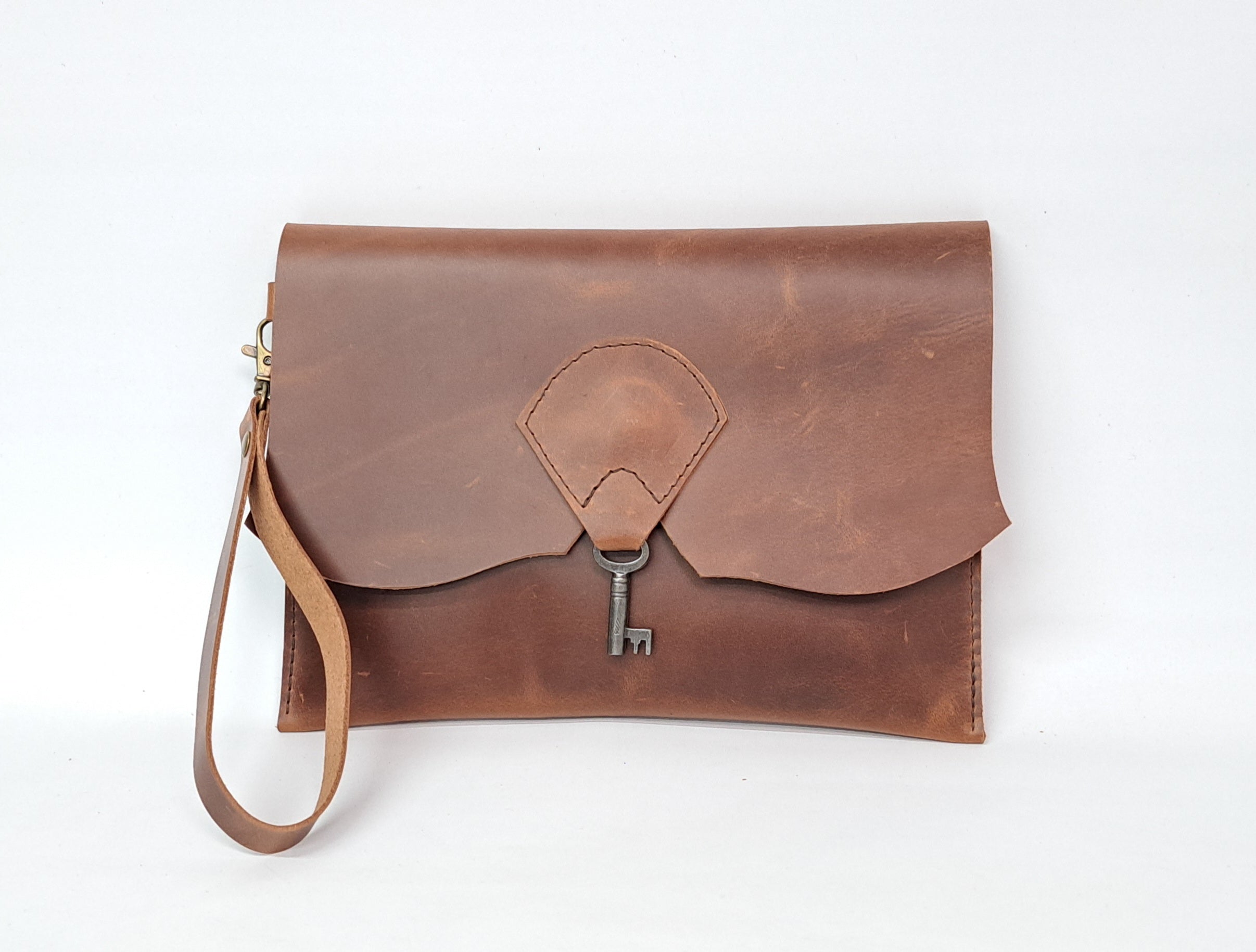 Raw Edge Leather Clutch with Vintage Key Detail - Chestnut