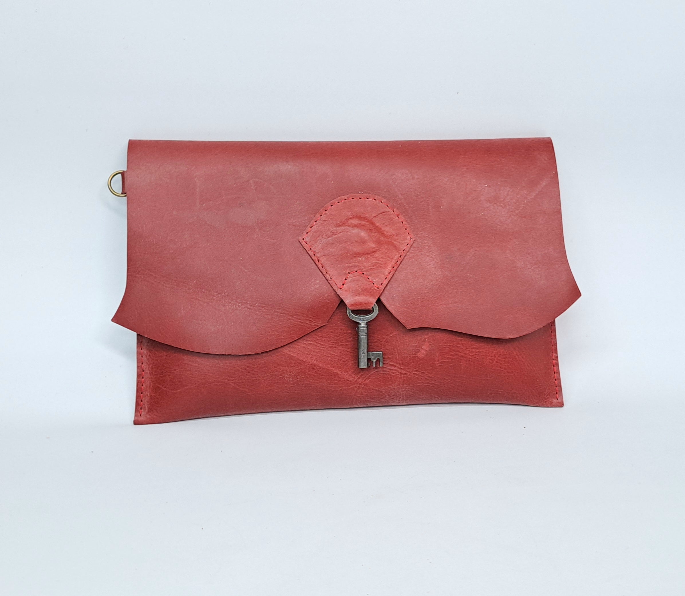Raw Edge Clutch with Vintage Key Detail - Carmine Red