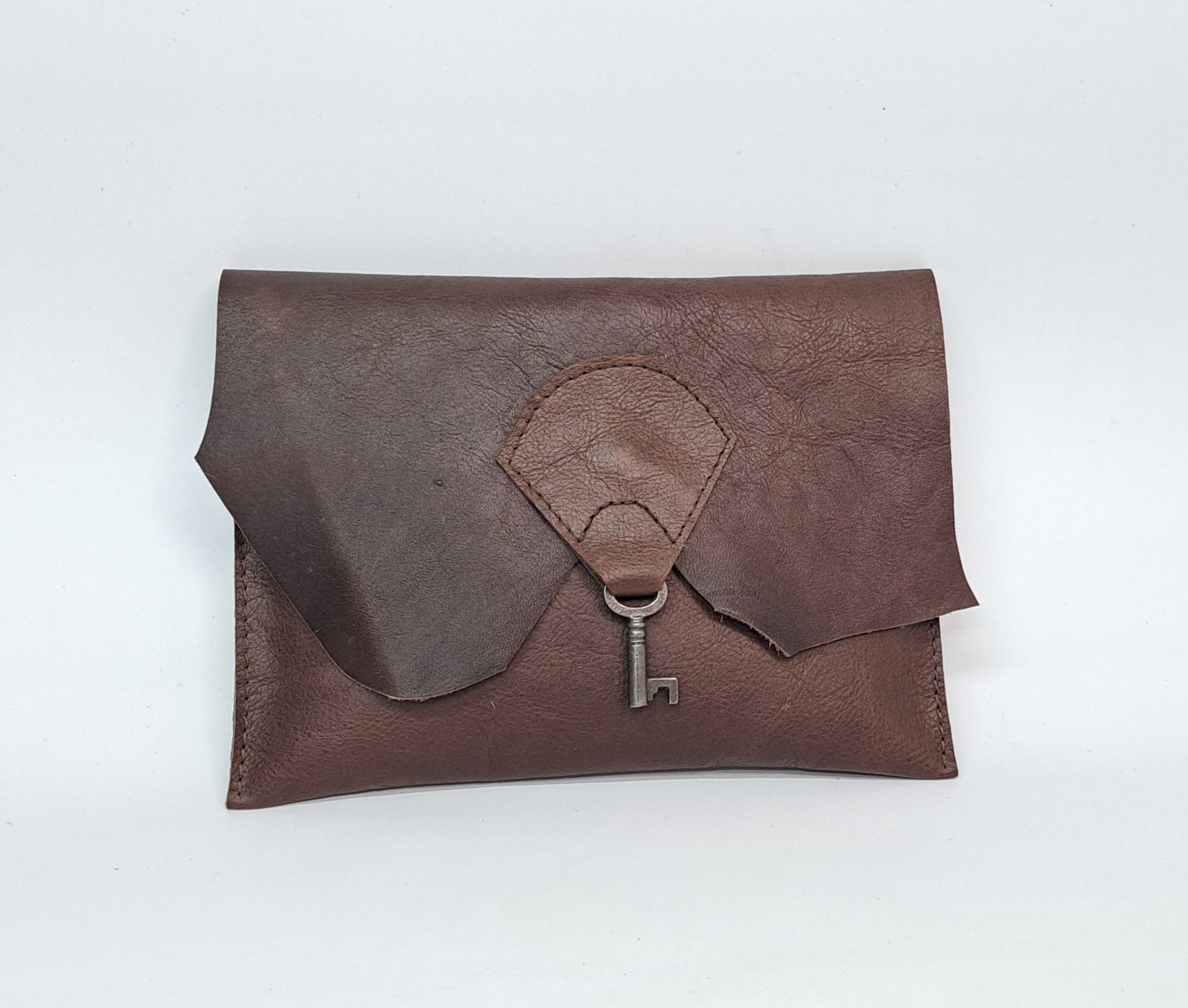 Raw Edge Leather Clutch with Vintage Key Detail - Dark Chocolate