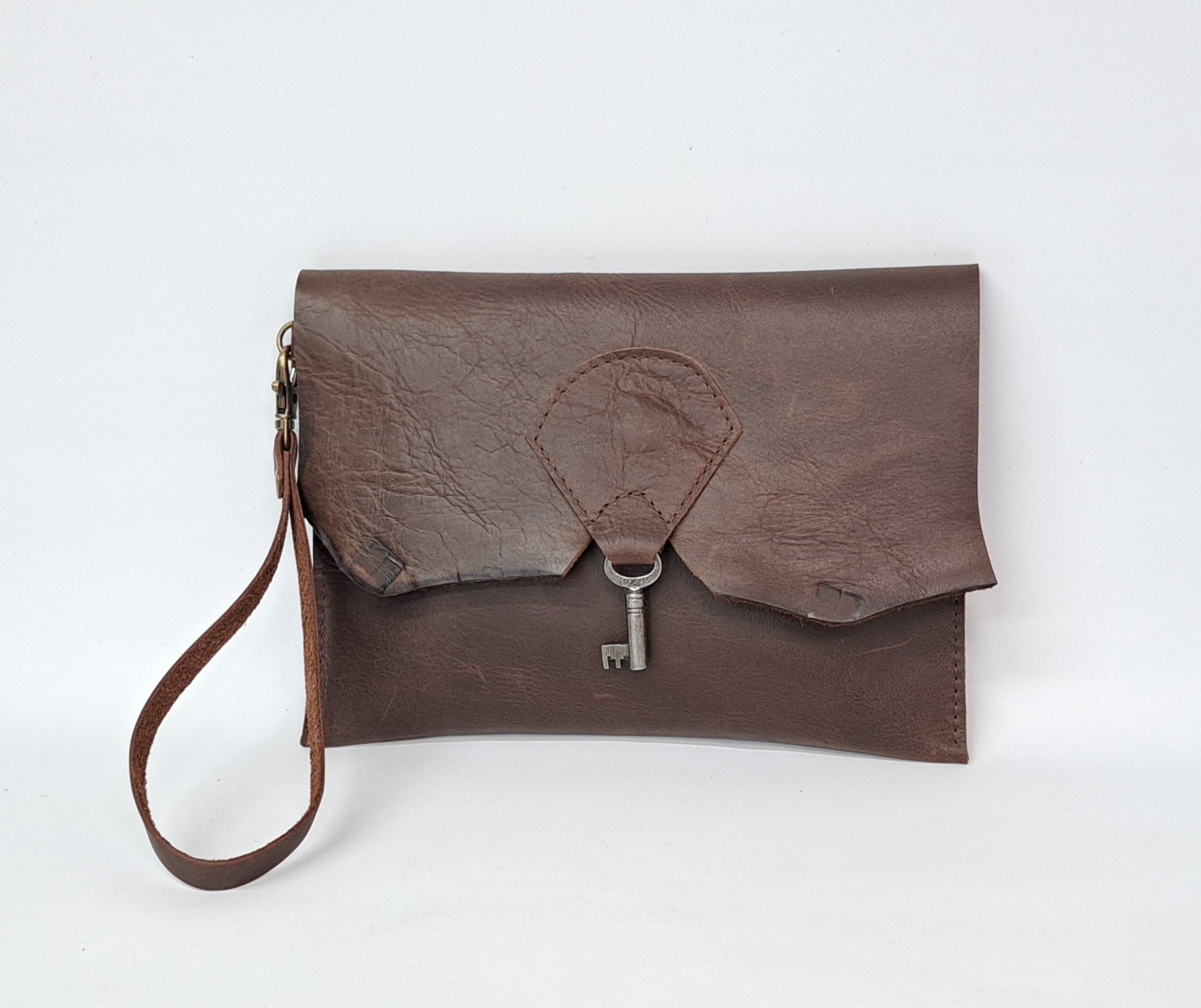 Raw Edge Leather Clutch with Vintage Key Detail - Dark Chocolate