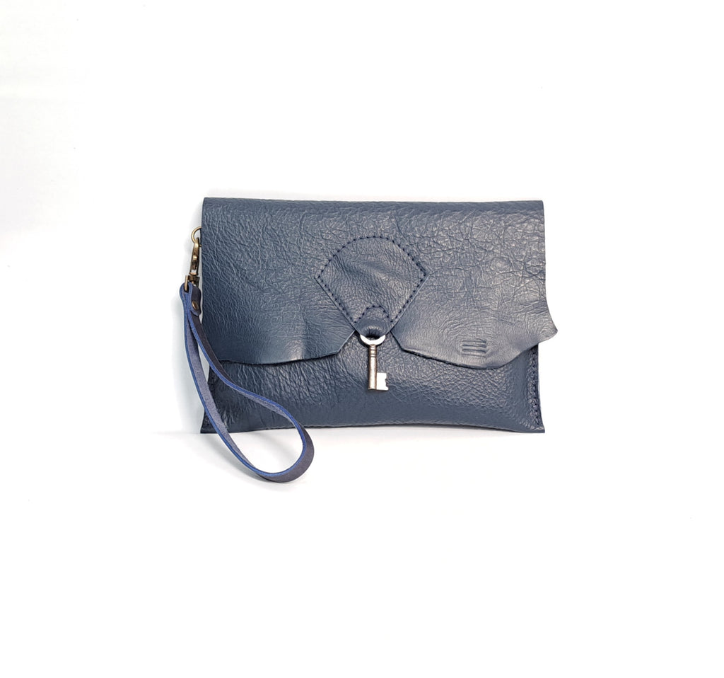Raw Edge Leather Clutch Purse with Vintage Key Detail - Navy