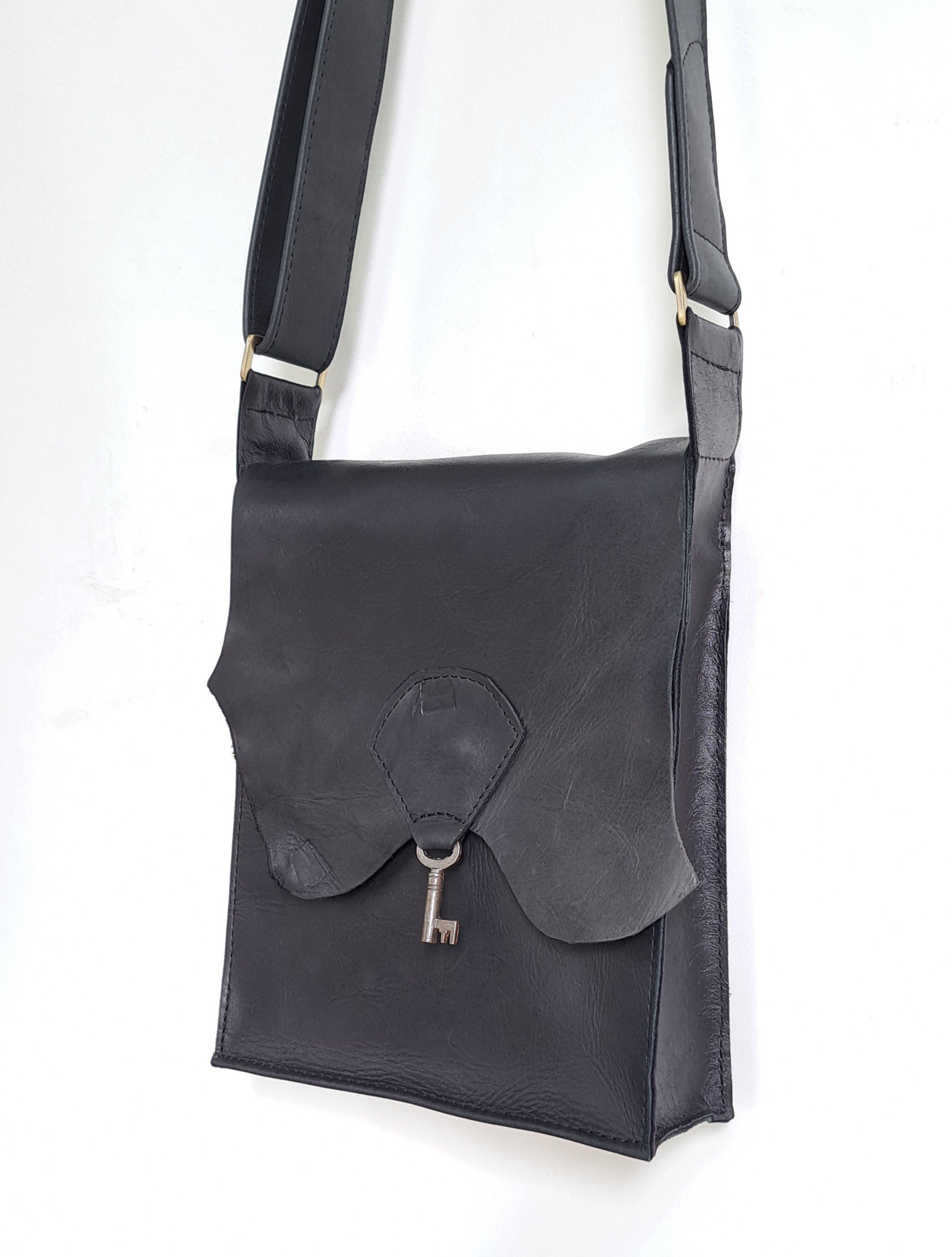Raw Edge Leather Bag with Vintage Key Detail - Black