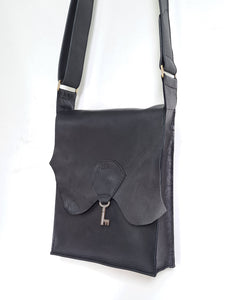 Raw Edge Leather Bag with Vintage Key Detail - Black