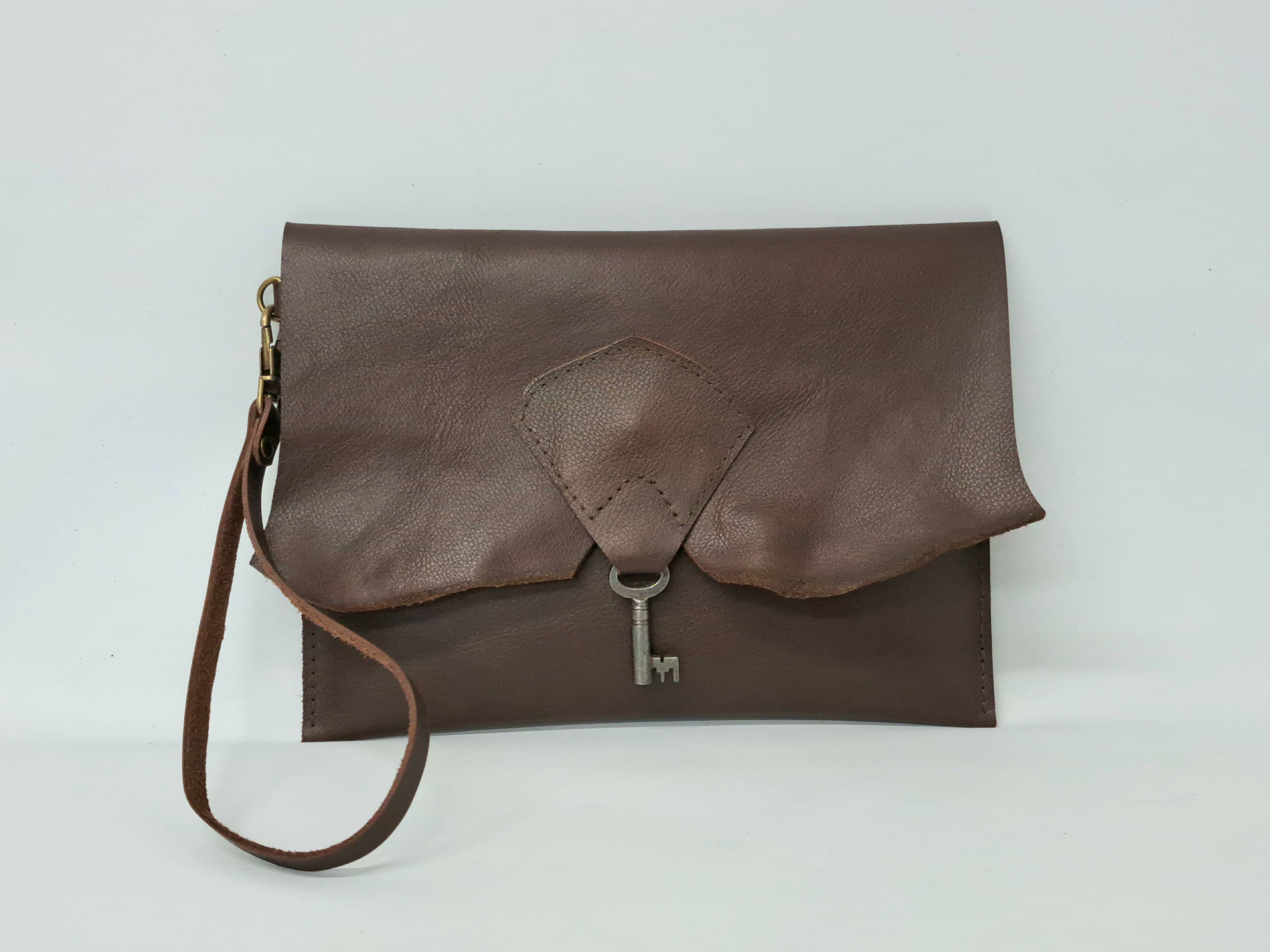Raw Edge Leather Clutch with Vintage Key Detail - Dark Chocolate