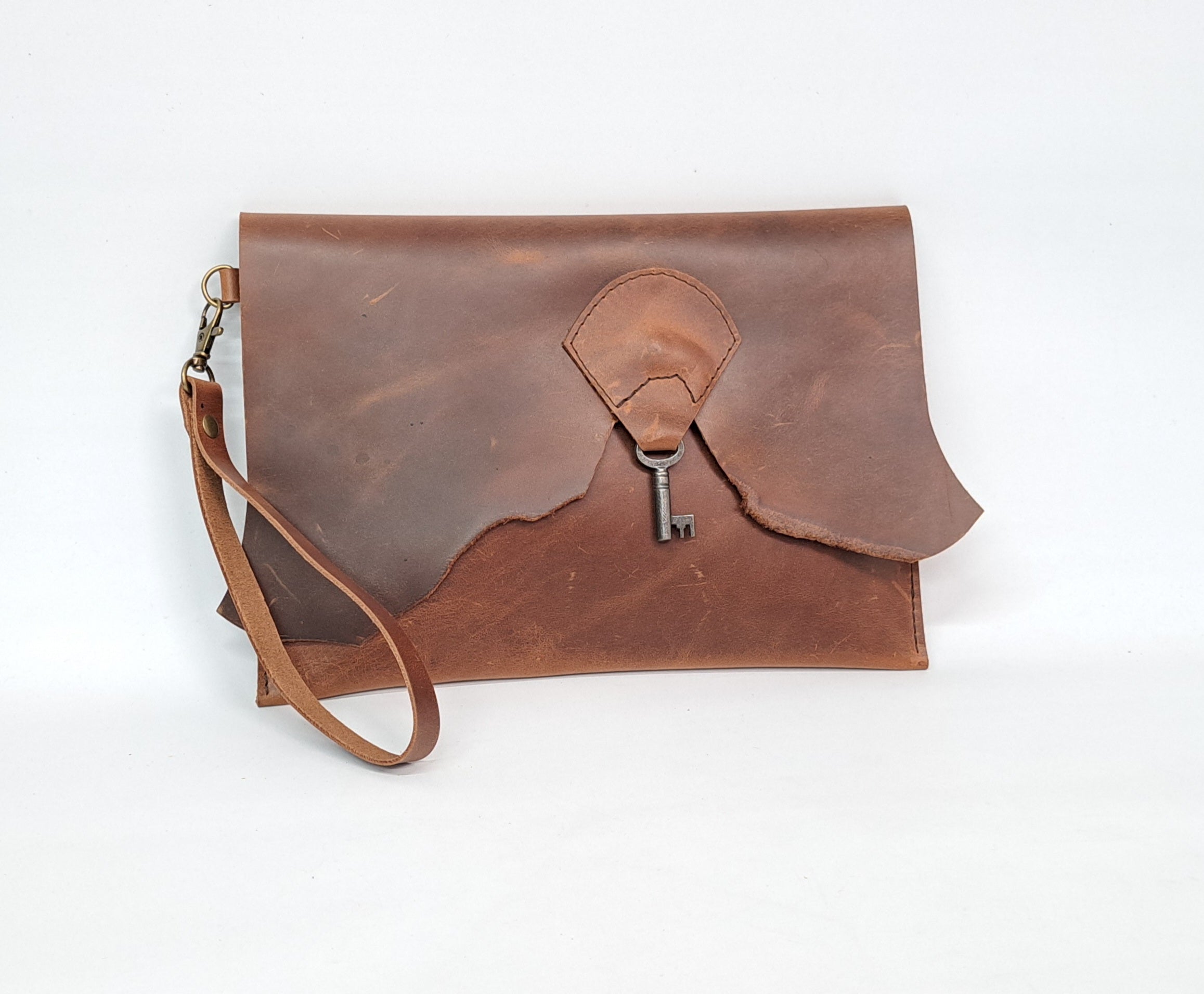 Raw Edge Leather Clutch with Vintage Key Detail - Chestnut