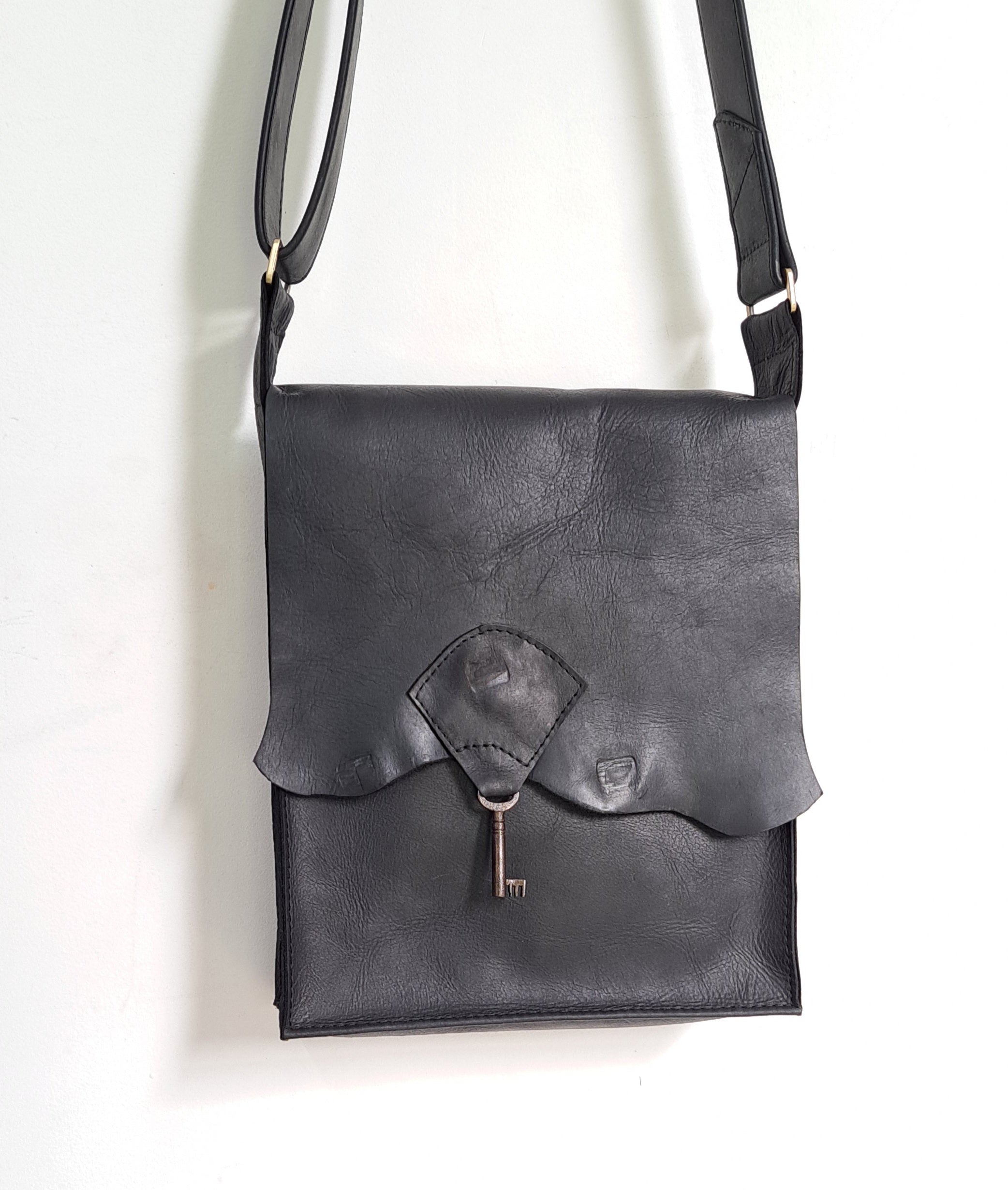 Raw Edge Leather Bag with Vintage Key Detail - Black