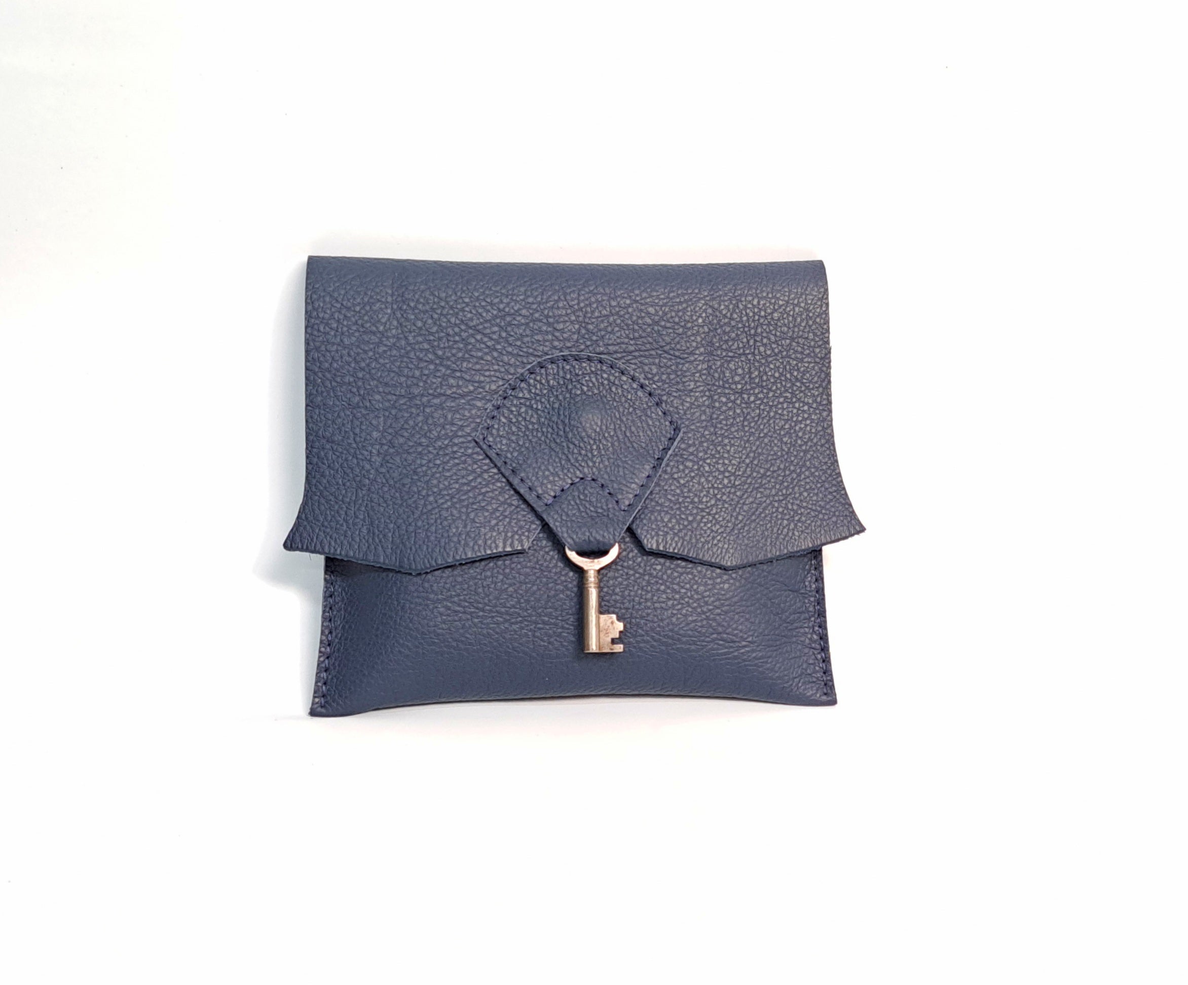 Raw Edge Leather Clutch Purse with Vintage Key Detail - Navy