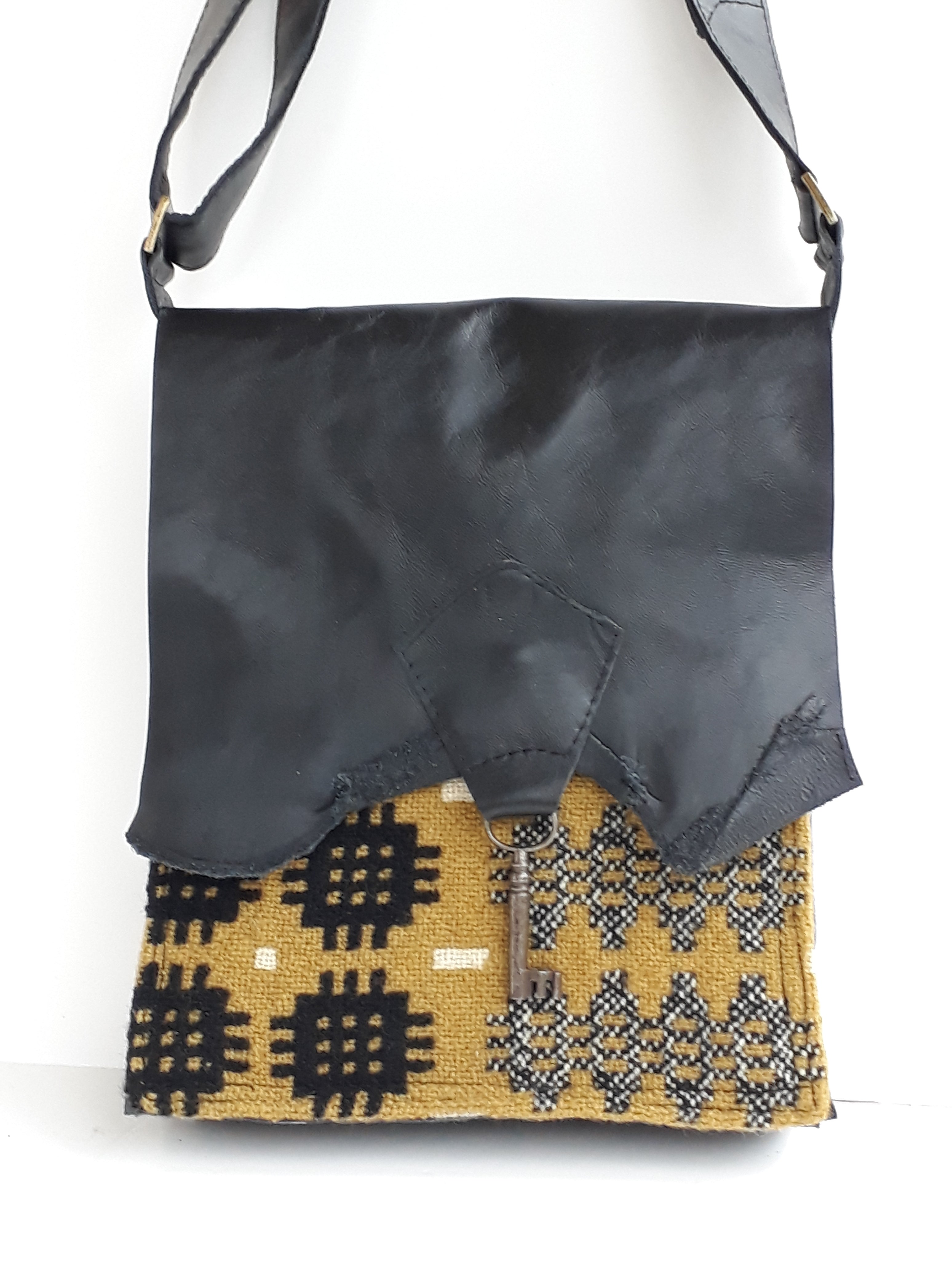 Raw Edge Leather & Welsh Wool Bag with Vintage Key Detail - Mustard & Black - Coterie Leather Bags