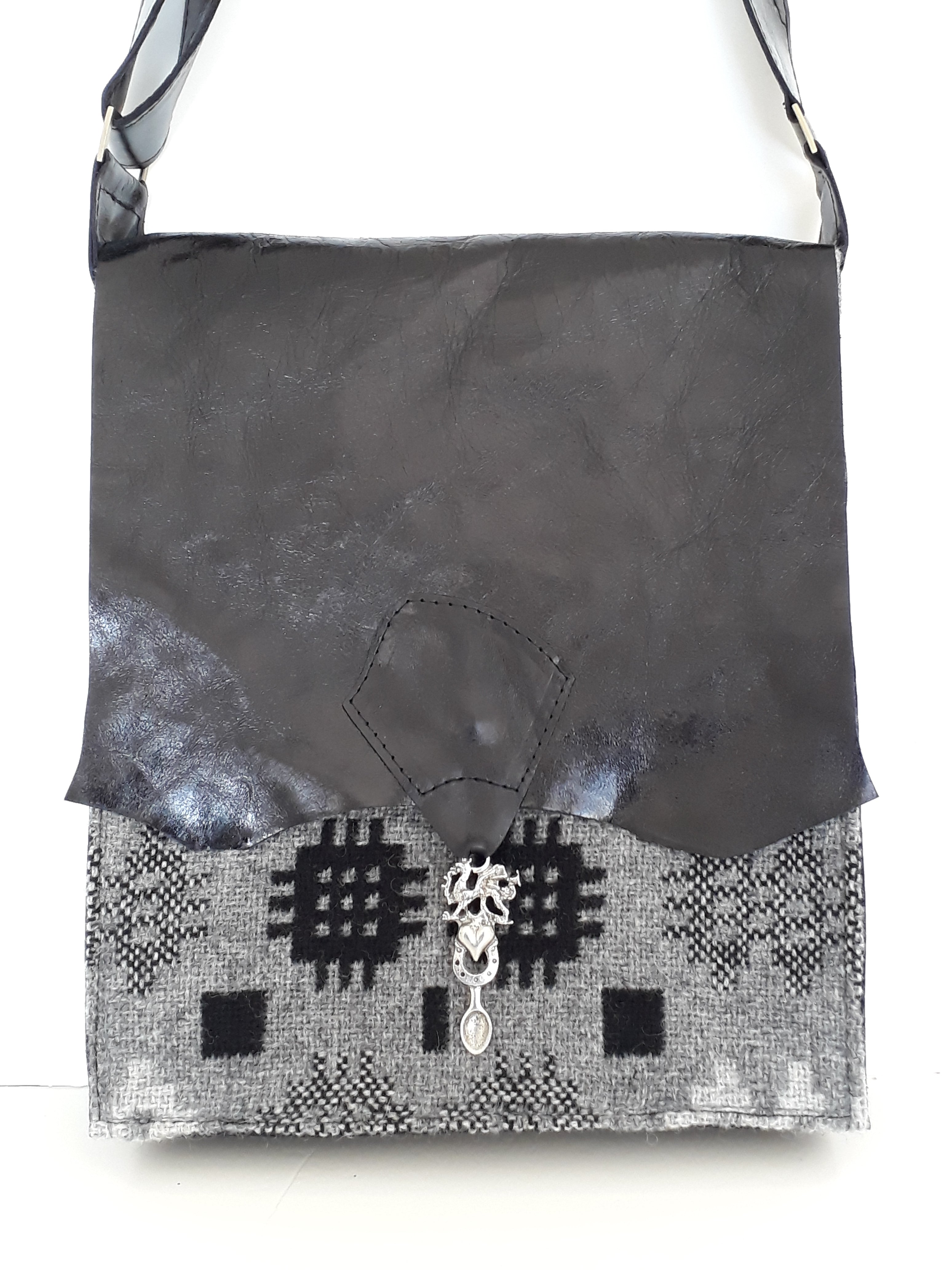Raw Edge Leather & Welsh Wool Bag with Pewter Lovespoon Detail - Black & Grey - Coterie Leather Bags