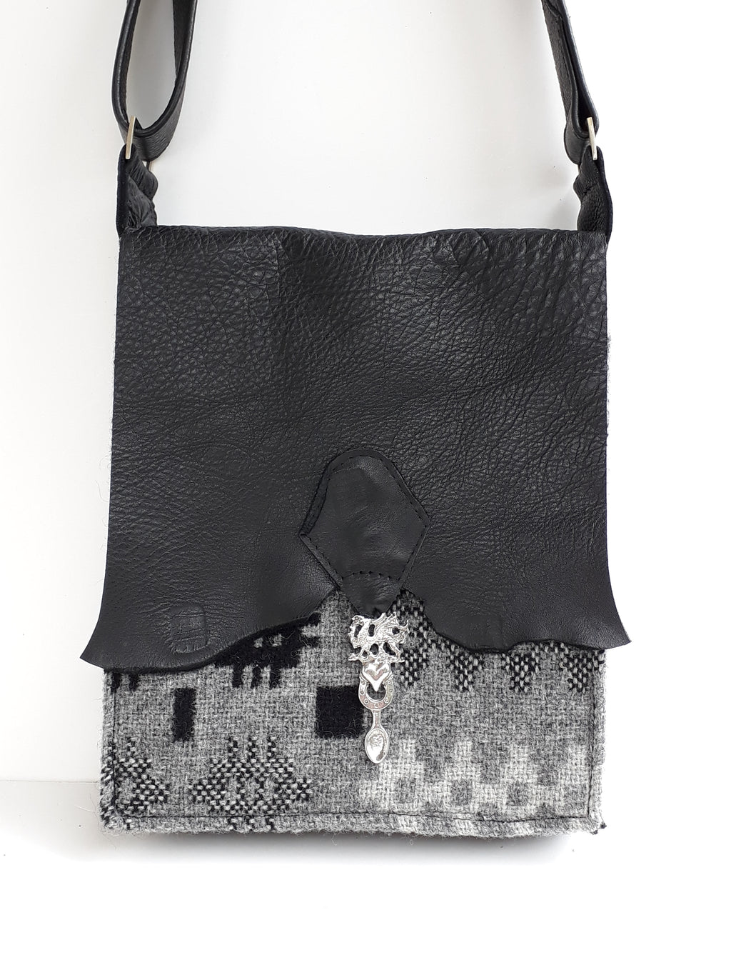 Raw Edge Leather & Welsh Wool Bag with Pewter Lovespoon Detail - Black & Grey - Coterie Leather Bags