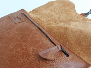 Raw Edge Leather Clutch with Vintage Key Detail - Tan - Coterie Leather Bags
