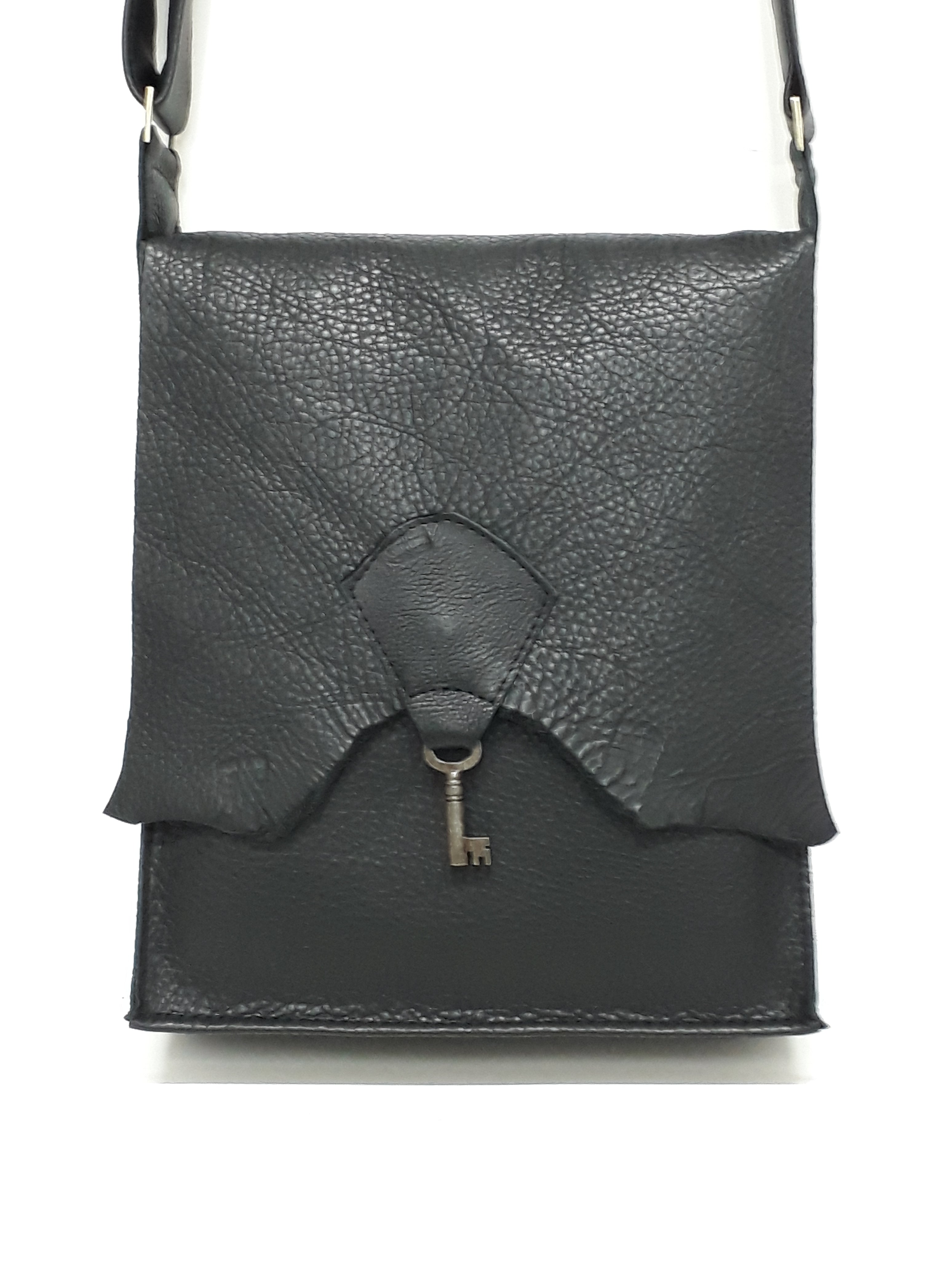 Raw Edge Leather Bag with Vintage Key Detail - Black - Coterie Leather Bags