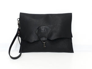 Raw Edge Leather Clutch Purse with Vintage Key Detail - Black - Coterie Leather Bags