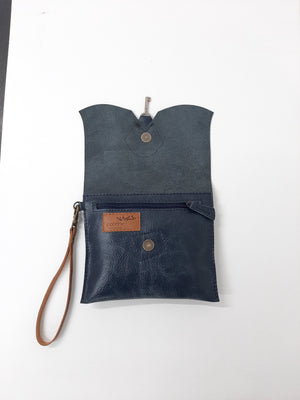 Raw Edge Leather Clutch Purse with Vintage Key Detail - Navy - Coterie Leather Bags