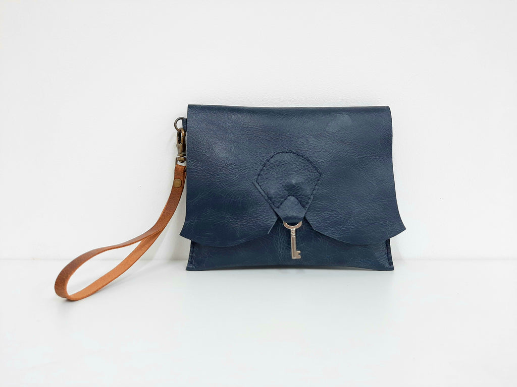 Raw Edge Leather Clutch Purse with Vintage Key Detail - Navy - Coterie Leather Bags