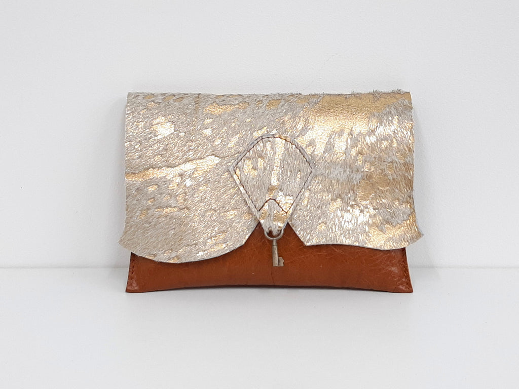 Raw Edge Leather Clutch Purse with Vintage Key Detail - Gold Sparkle Cowhide - Coterie Leather Bags