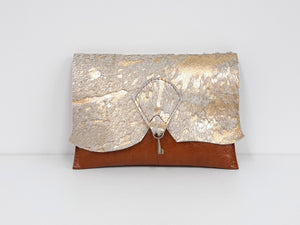 Custom Raw Edge Leather Bag with Vintage Key Detail - Tan & Gold Sparkle Cowhide - Coterie Leather Bags