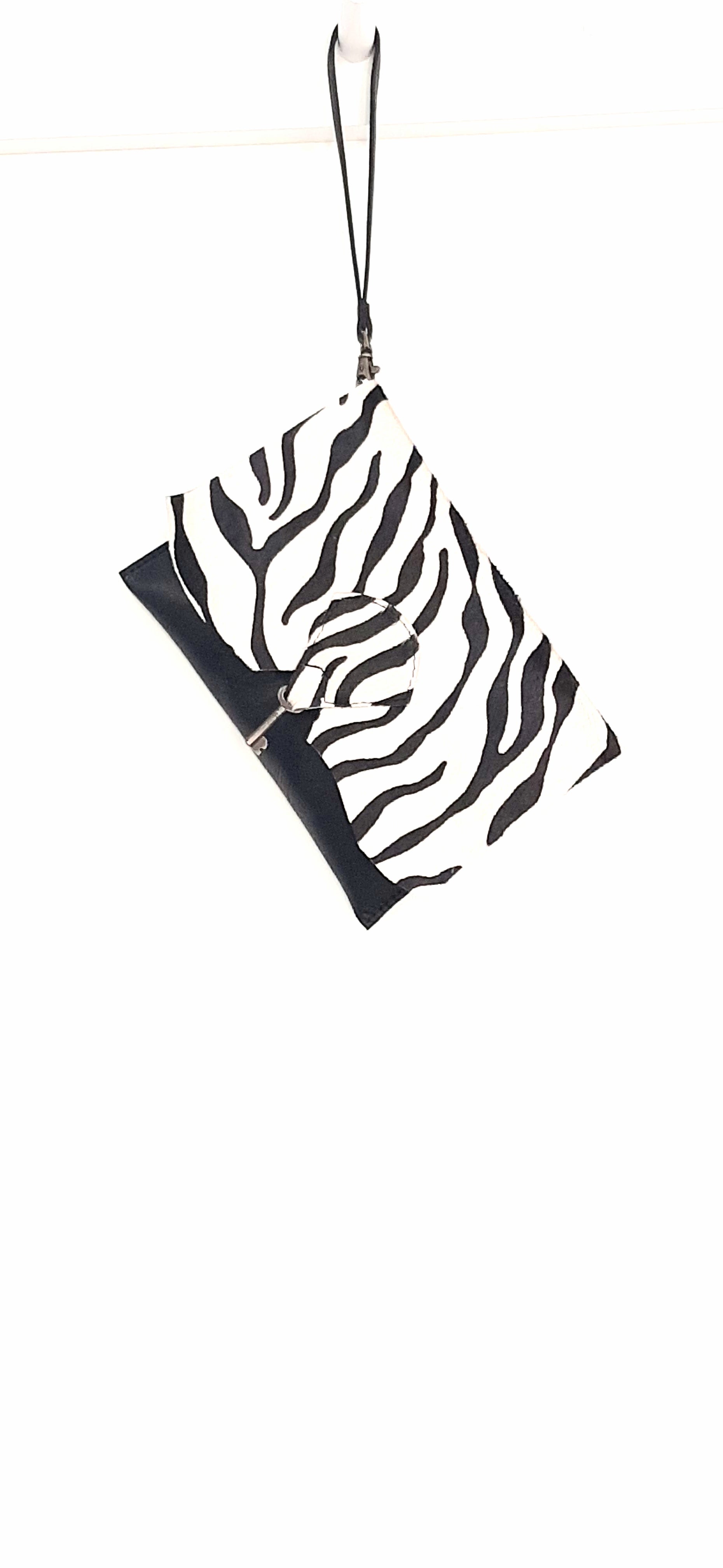 Safari Clutch Purse with Vintage Key Detail - Zebra & Black