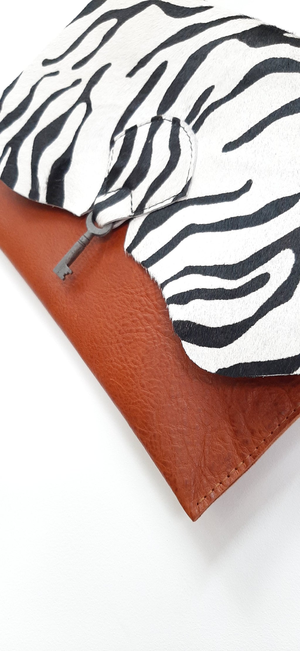 Safari Clutch Bag with Vintage Key Detail - Zebra & Tan