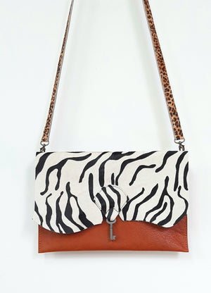 Safari Clutch Bag with Vintage Key Detail - Zebra & Tan