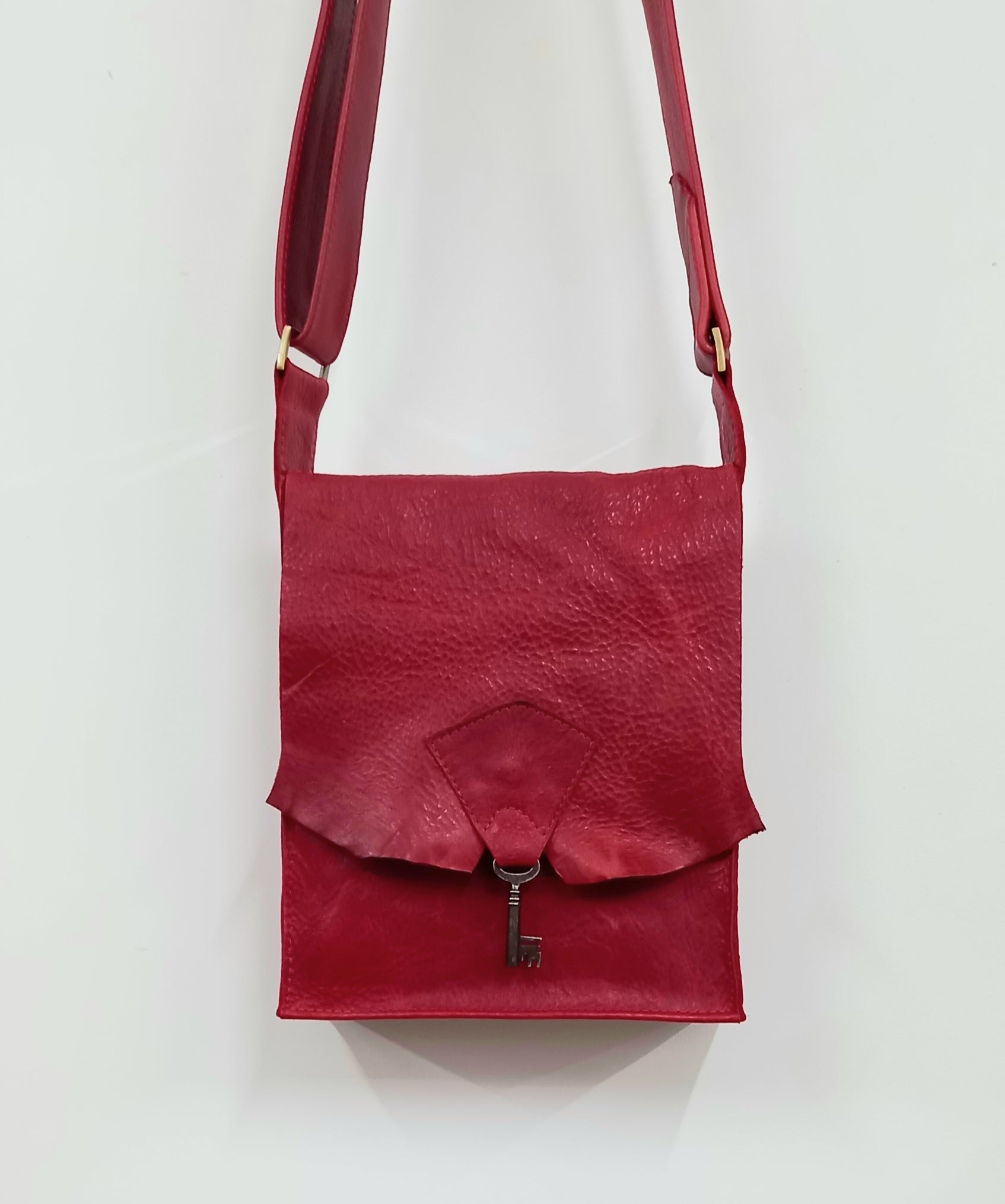 Raw Edge Leather Bag with Vintage Key Detail - Flame Red