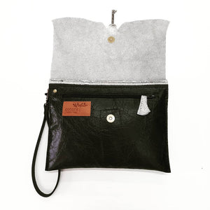 Raw Edge Leather Clutch Purse with Vintage Key Detail - Silver Sparkle Cowhide - Coterie Leather Bags