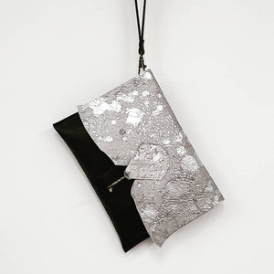 Raw Edge Leather Clutch Purse with Vintage Key Detail - Silver Sparkle Cowhide - Coterie Leather Bags