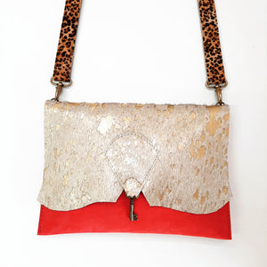 Custom order- Raw Edge Leather Clutch with Vintage Key Detail - Red & Gold Sparkle Cowhide - Coterie Leather Bags