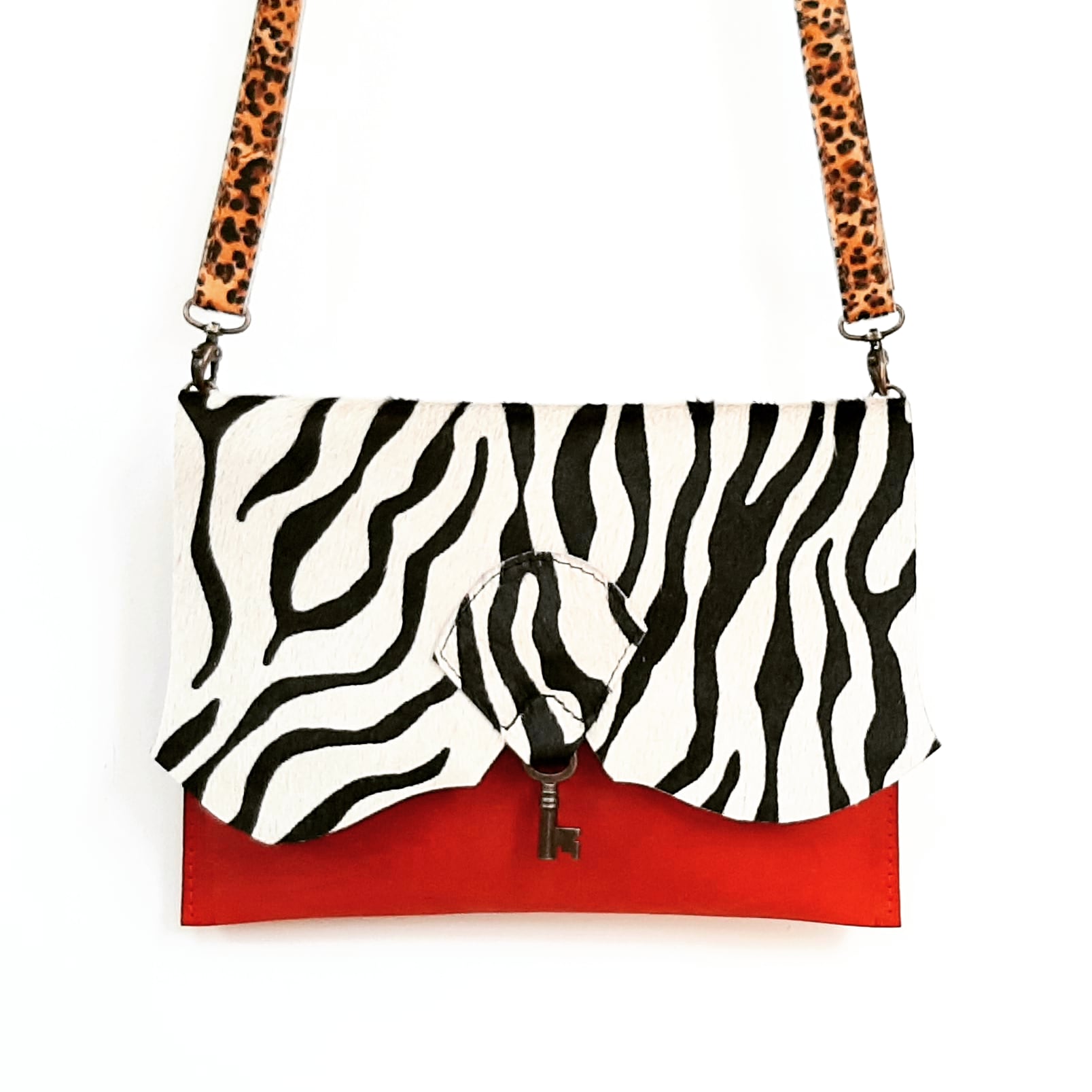 Safari Clutch Bag with Vintage Key Detail - Zebra & Desert Red