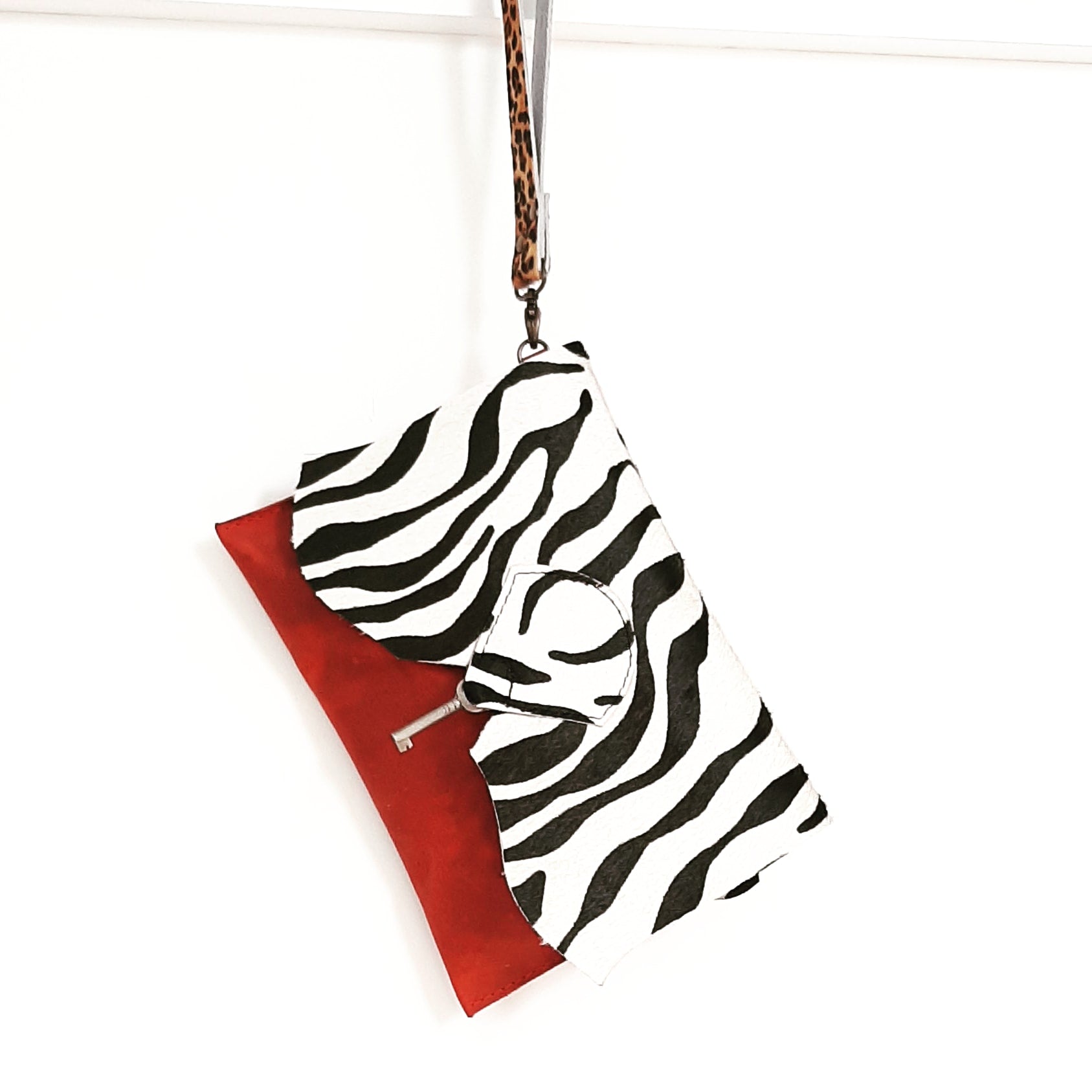 Safari Clutch Purse with Vintage Key Detail - Zebra & Desert Red